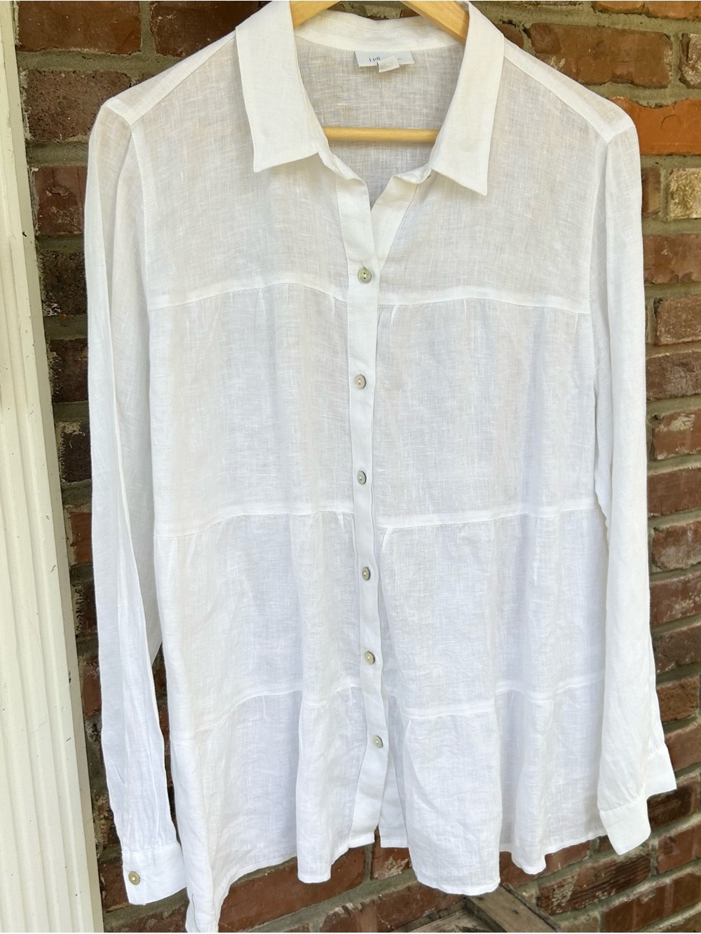 J Jill Love Linen Button Up Blouse Shirt Top Sz Large White Long Sleeve Tiered